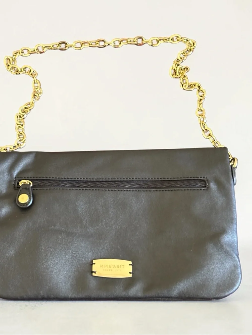 Nine West Fold-Over Clutch with Gold Chain Strap Women's Black